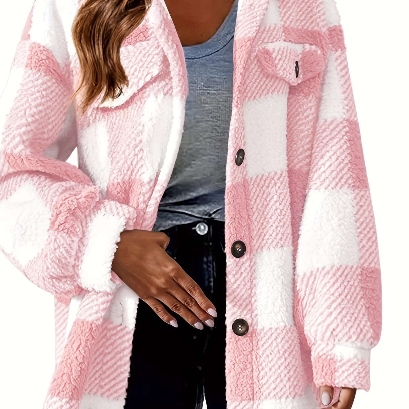 Veste Femme Plaid Doublée Sherpa - Chic, Poches et Confortable   OAXG Pink Color / S