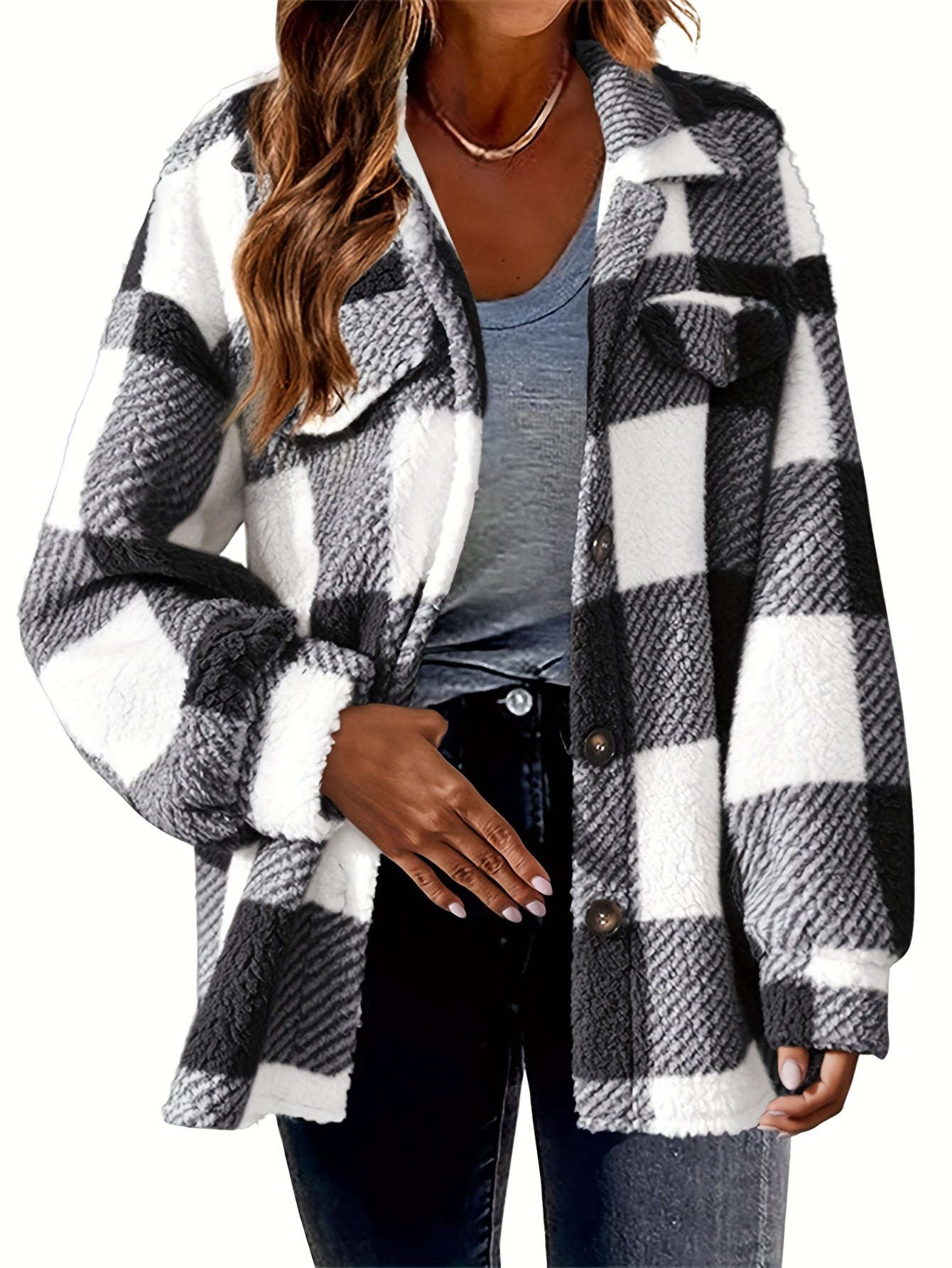 Veste Femme Plaid Doublée Sherpa - Chic, Poches et Confortable   OAXG Pink Color / S