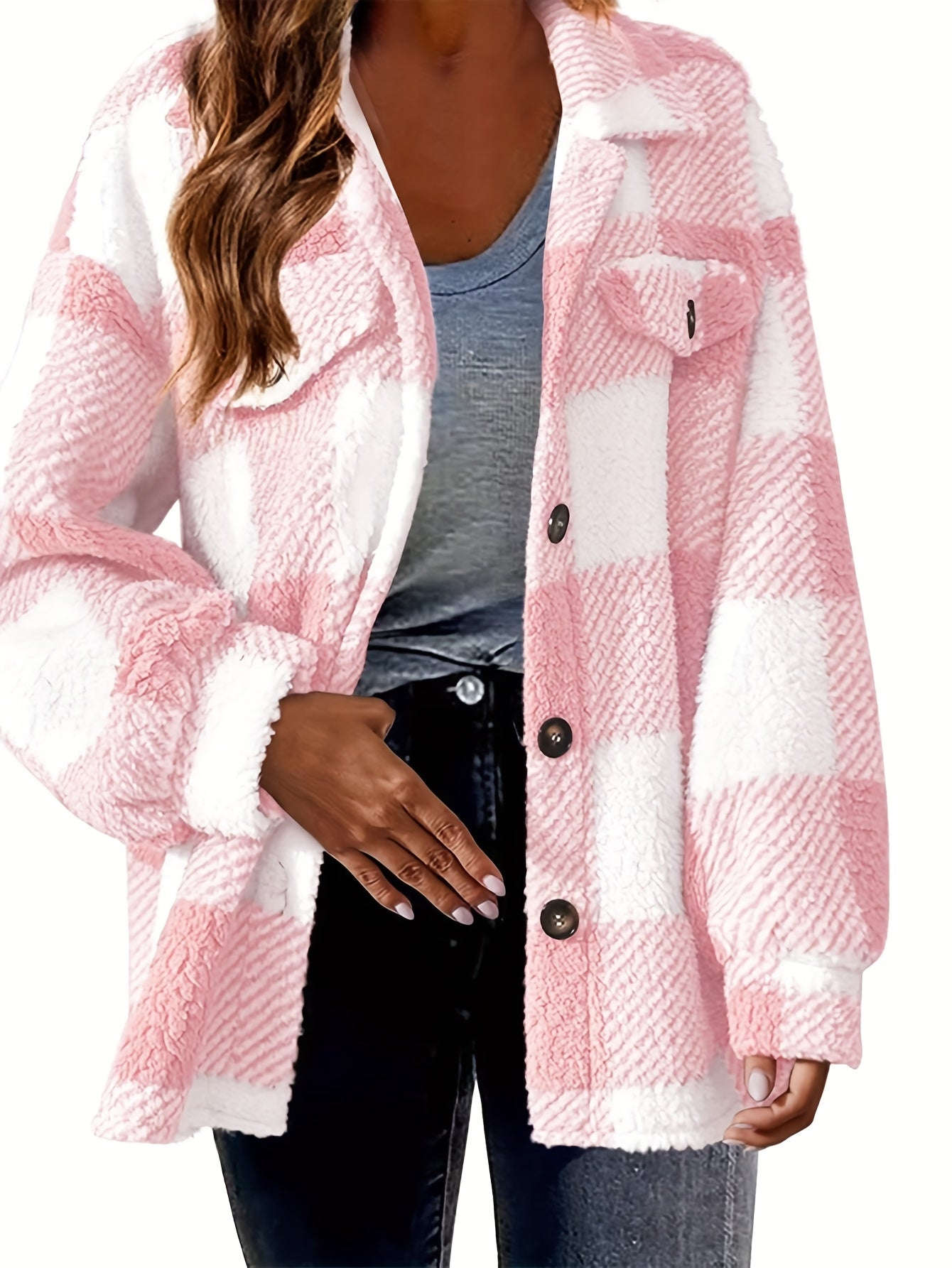 Veste Femme Plaid Doublée Sherpa - Chic, Poches et Confortable   OAXG Pink Color / S
