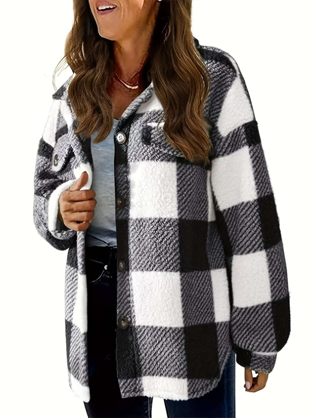 Veste Femme Plaid Doublée Sherpa - Chic, Poches et Confortable   OAXG Pink Color / S