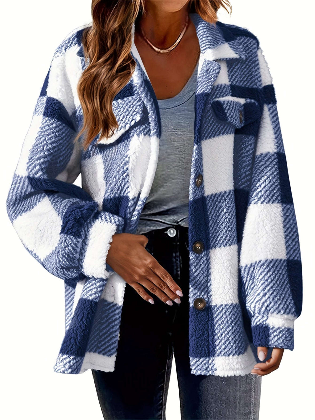 Veste Femme Plaid Doublée Sherpa - Chic, Poches et Confortable   OAXG 