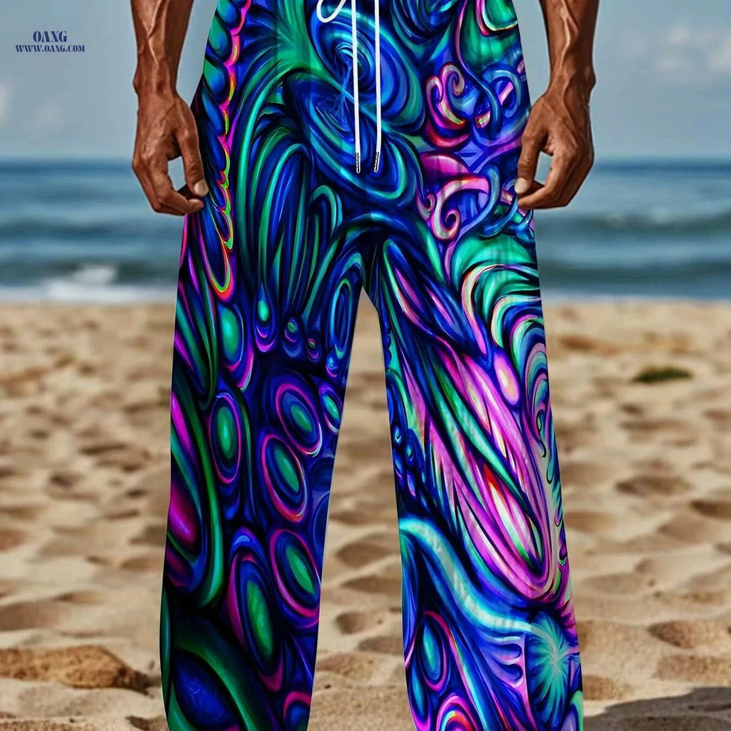 Vibrant Abstract 3D Print Pants - Loose Fit, Lightweight for Beach   OAXG Mixed Color / M