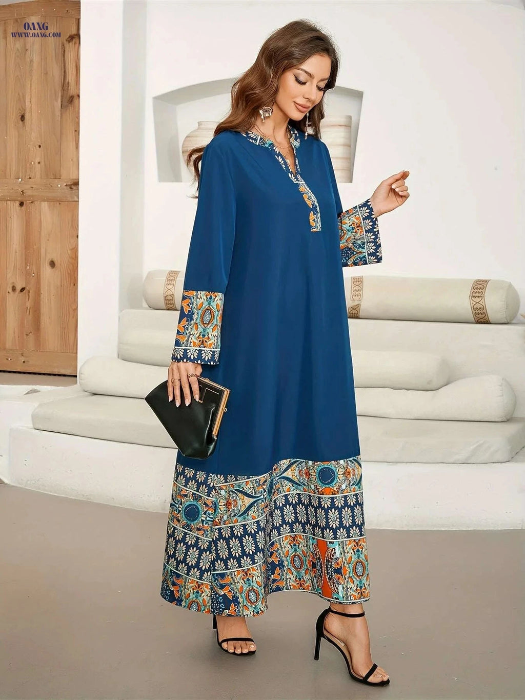 Vibrant Blue & Orange Floral Maxi Dress - Long Sleeve, Loose Fit   OAXG 