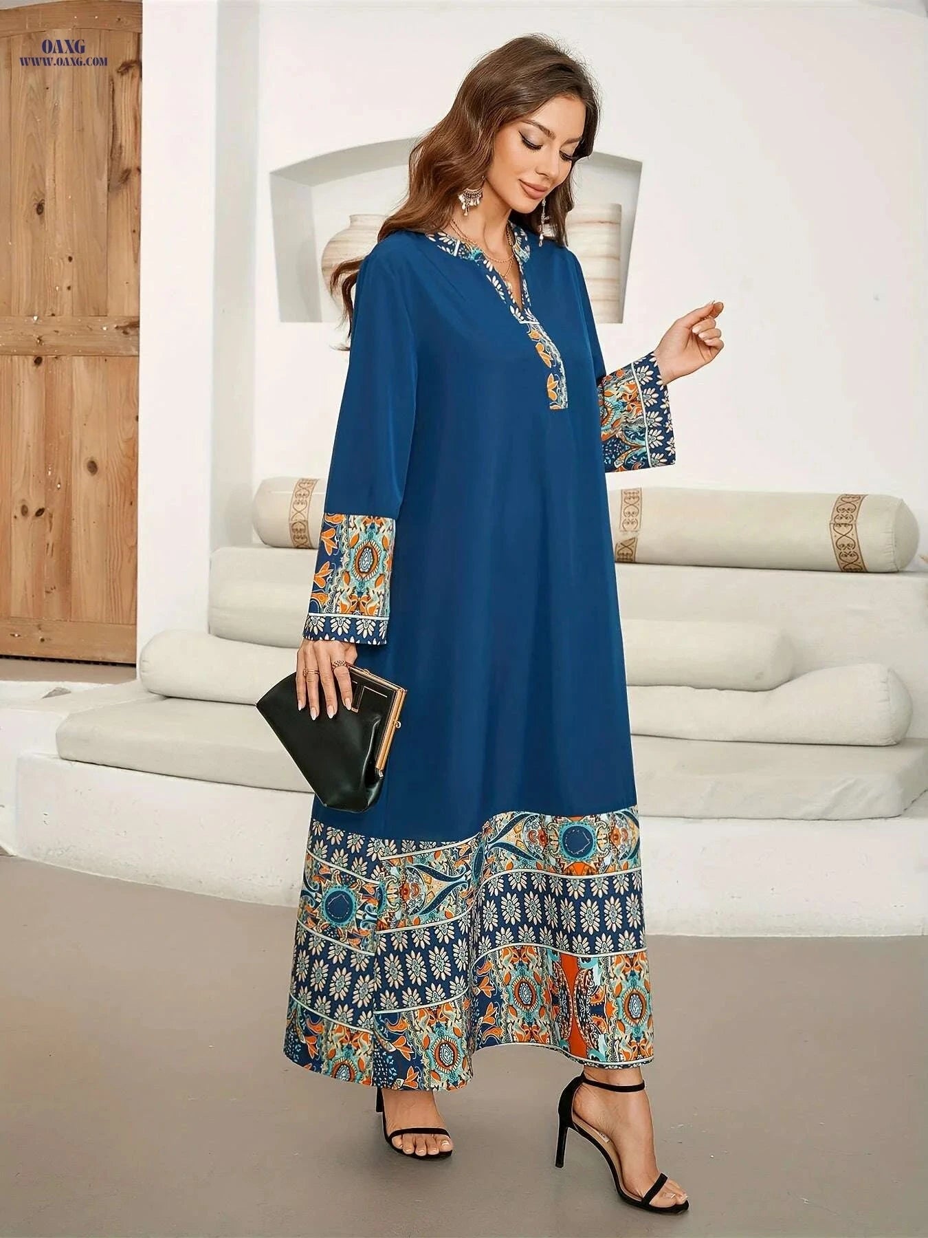 Vibrant Blue & Orange Floral Maxi Dress - Long Sleeve, Loose Fit   OAXG 