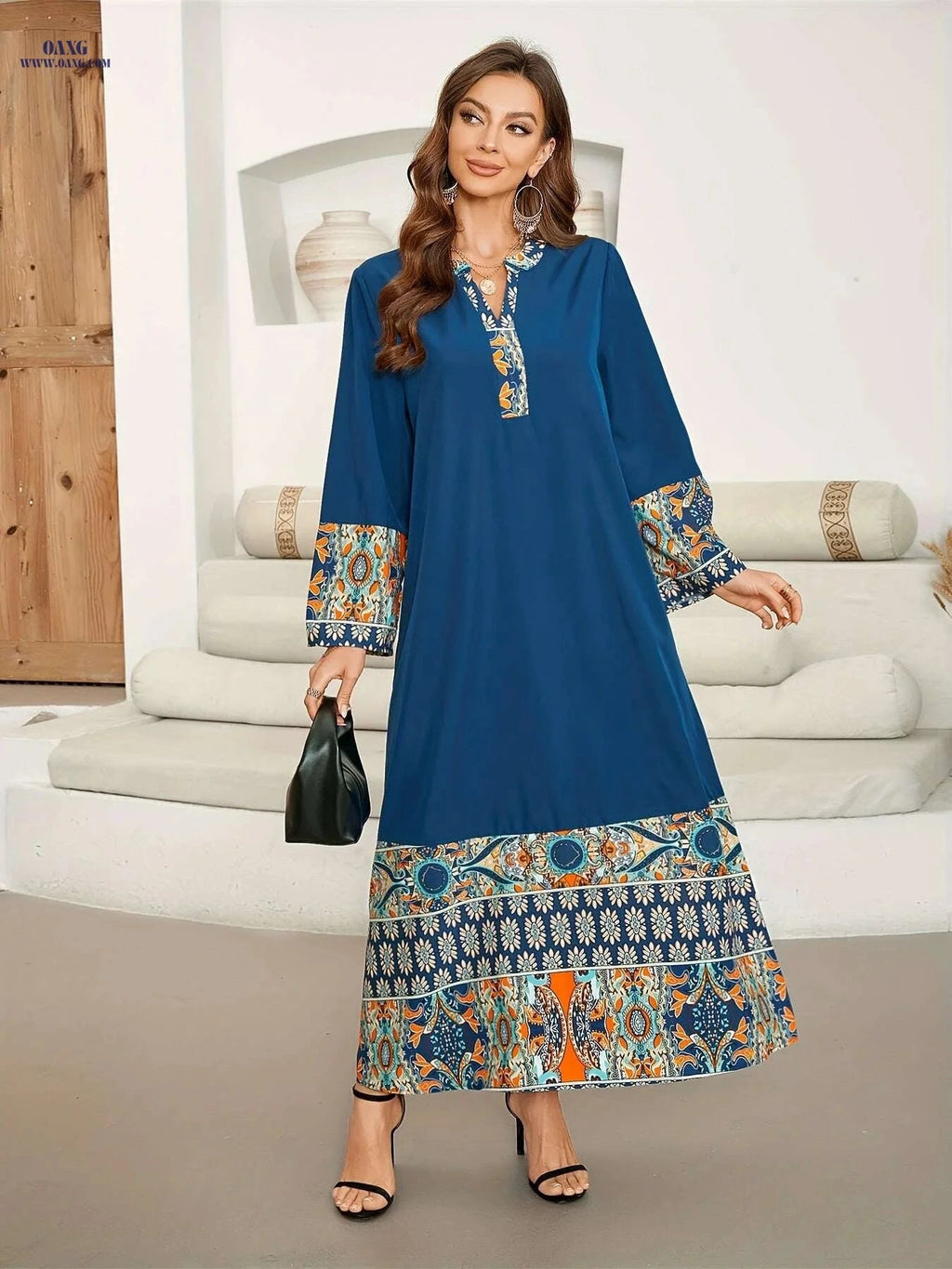 Vibrant Blue & Orange Floral Maxi Dress - Long Sleeve, Loose Fit   OAXG 