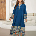 Vibrant Blue & Orange Floral Maxi Dress - Long Sleeve, Loose Fit   OAXG Navy Blue / S