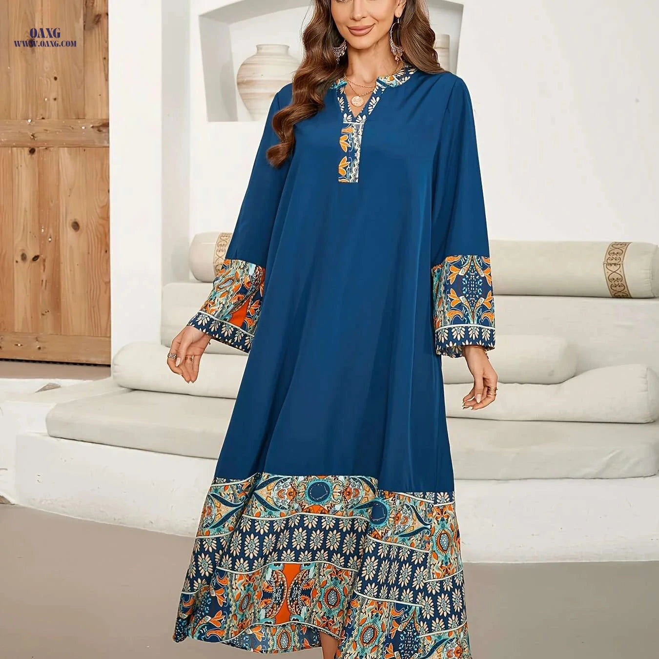 Vibrant Blue & Orange Floral Maxi Dress - Long Sleeve, Loose Fit   OAXG Navy Blue / S