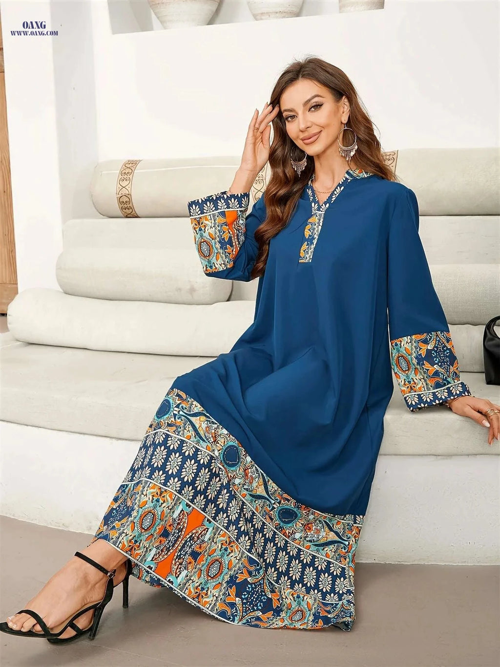 Vibrant Blue & Orange Floral Maxi Dress - Long Sleeve, Loose Fit   OAXG Navy Blue / S