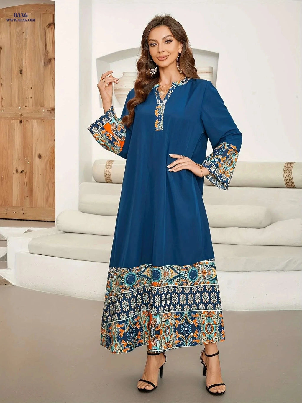 Vibrant Blue & Orange Floral Maxi Dress - Long Sleeve, Loose Fit   OAXG Navy Blue / S