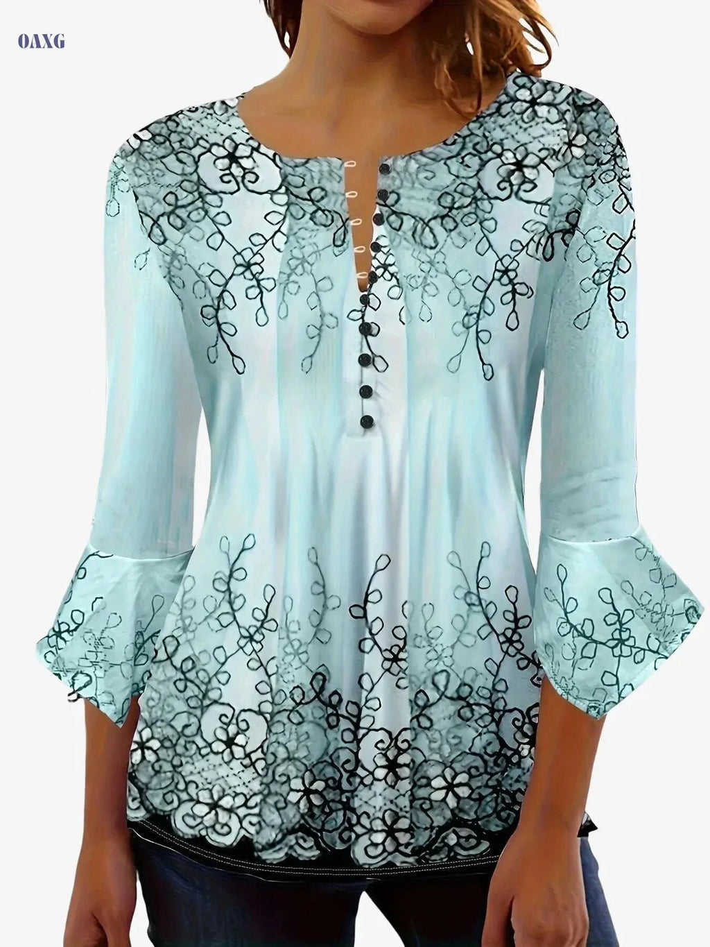 Vibrant Floral Crew Neck Blouse – Soft, Casual Ruffle Trim for All Seasons   OAXG 