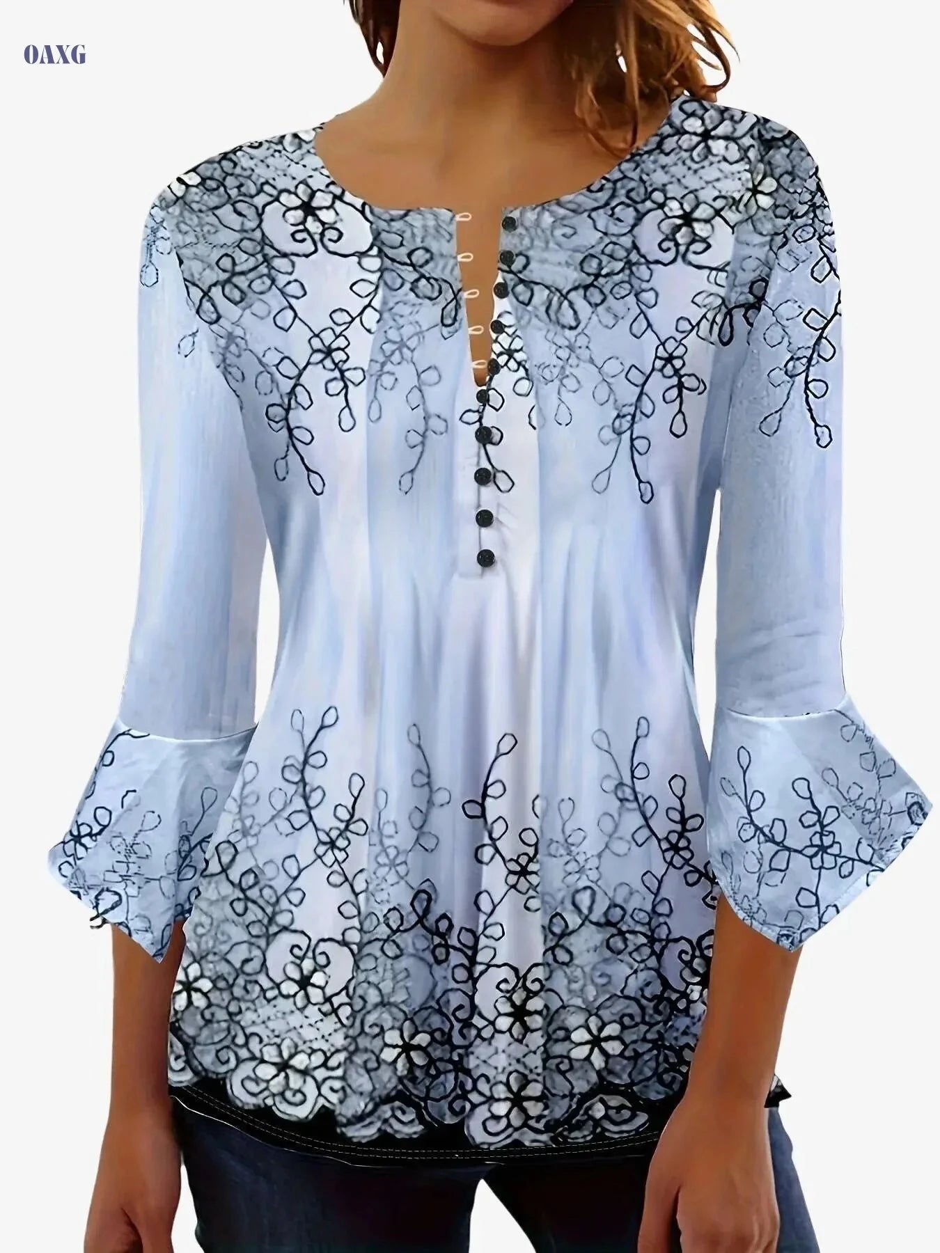 Vibrant Floral Crew Neck Blouse – Soft, Casual Ruffle Trim for All Seasons   OAXG 