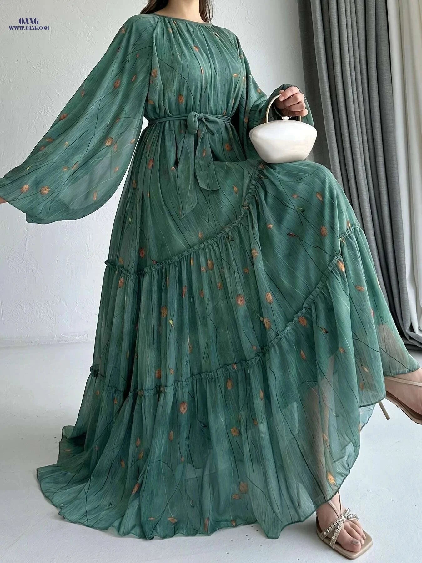 Vibrant Floral Plus Size Belted Dress - Elegant Long Sleeve Style   OAXG 
