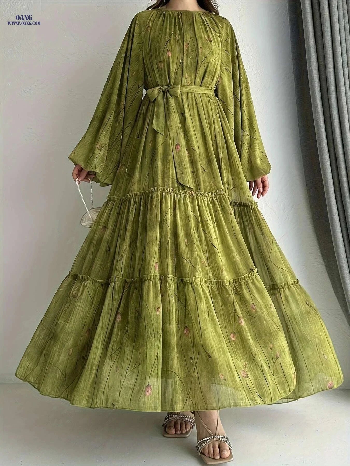 Vibrant Floral Plus Size Belted Dress - Elegant Long Sleeve Style   OAXG 