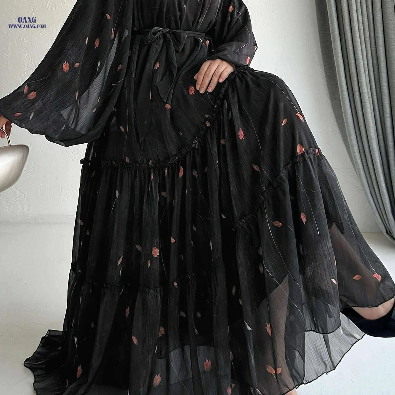 Vibrant Floral Plus Size Belted Dress - Elegant Long Sleeve Style   OAXG Olive / S