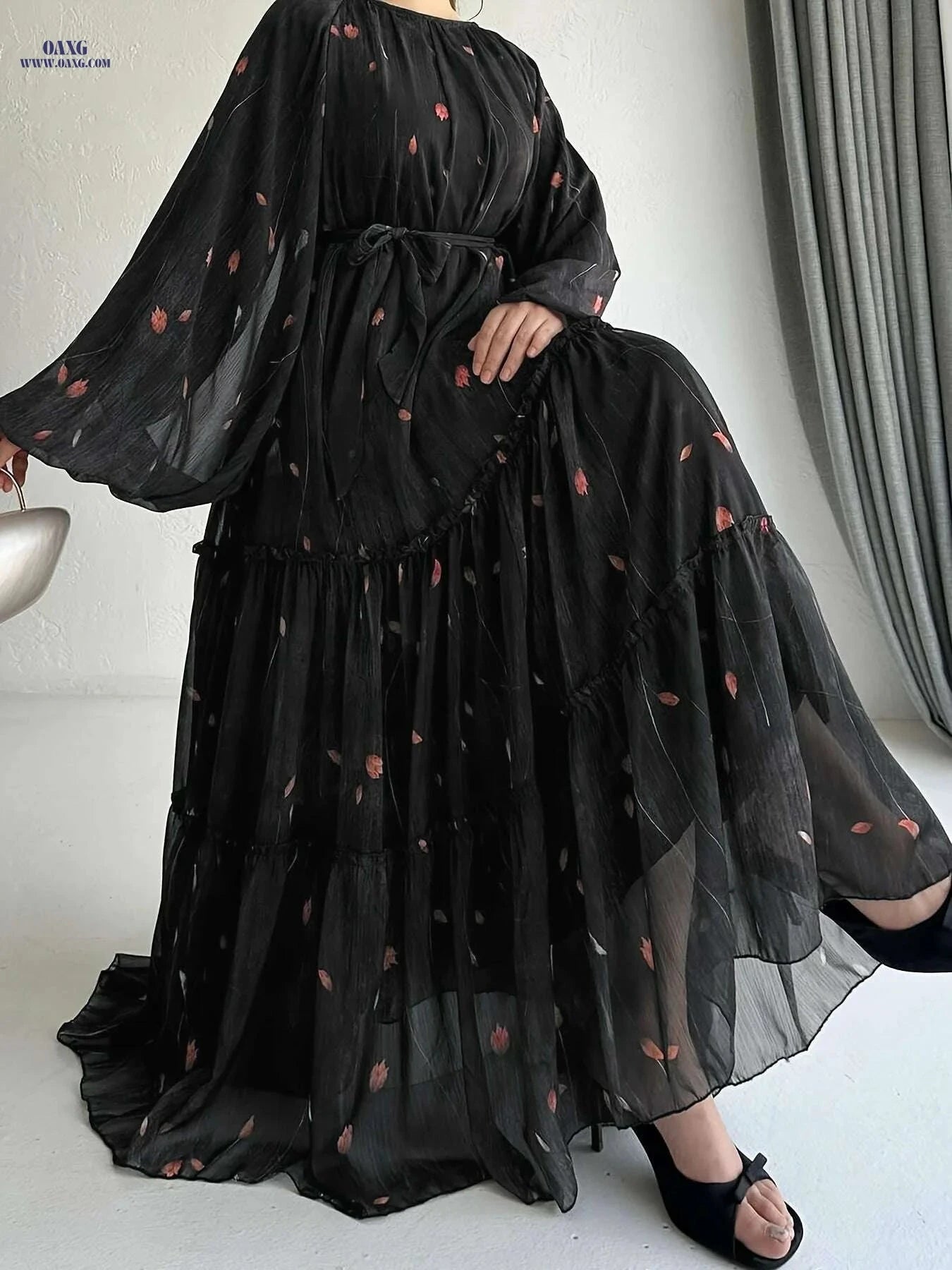 Vibrant Floral Plus Size Belted Dress - Elegant Long Sleeve Style   OAXG Olive / S