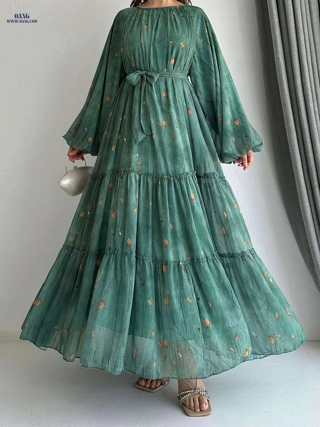 Vibrant Floral Plus Size Belted Dress - Elegant Long Sleeve Style   OAXG Olive / S