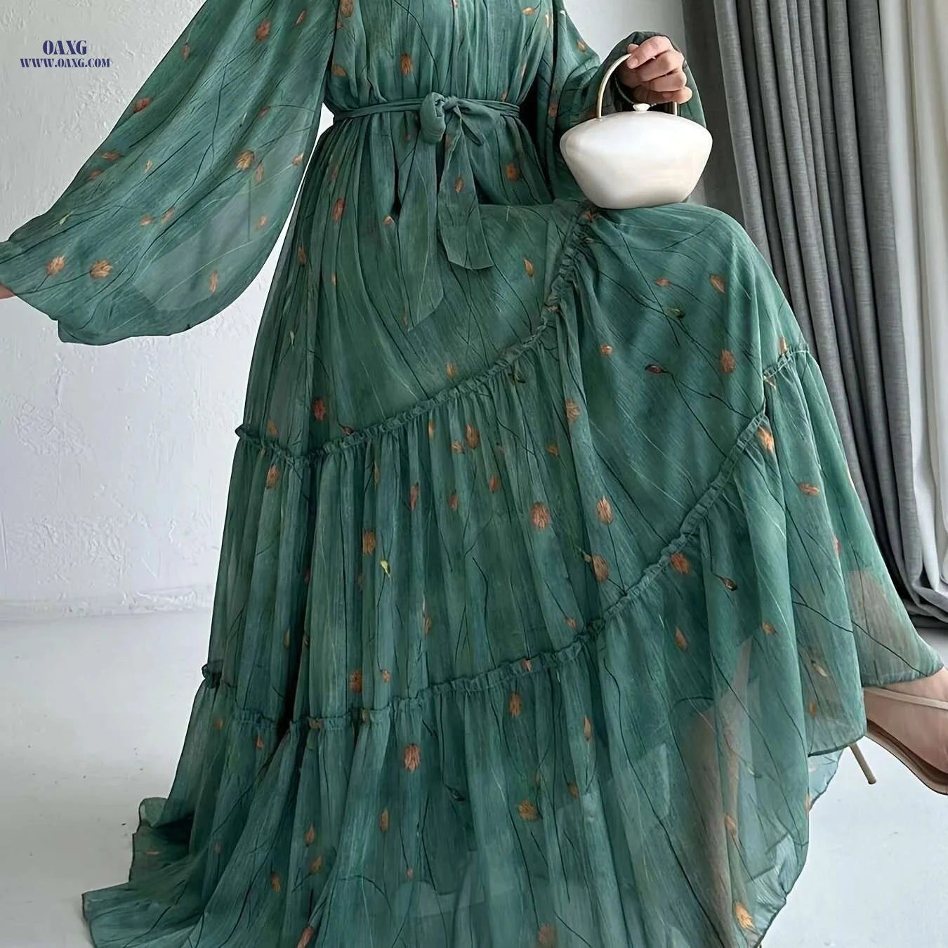 Vibrant Floral Plus Size Belted Dress - Elegant Long Sleeve Style   OAXG Olive / S