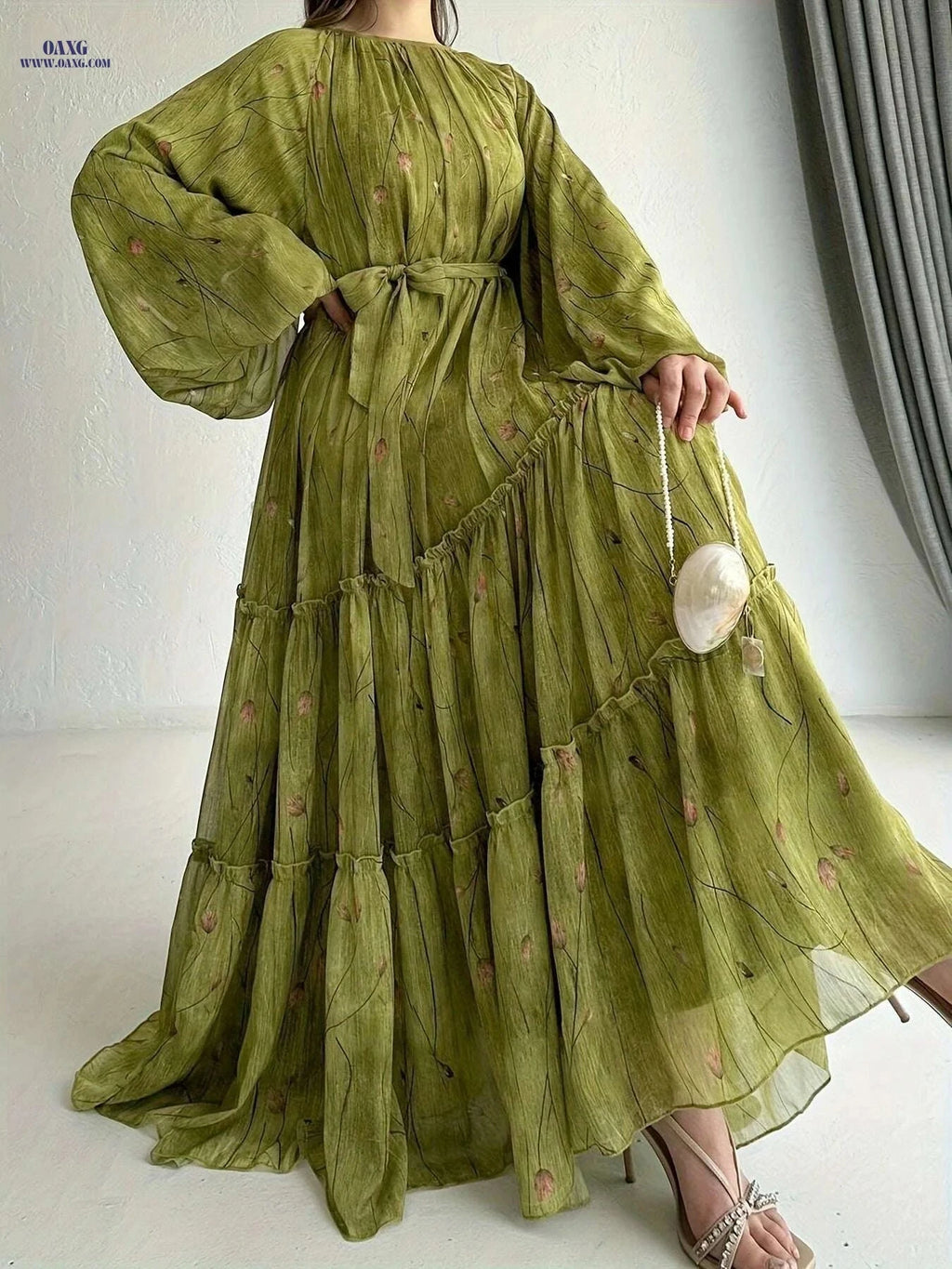 Vibrant Floral Plus Size Belted Dress - Elegant Long Sleeve Style   OAXG Olive / S