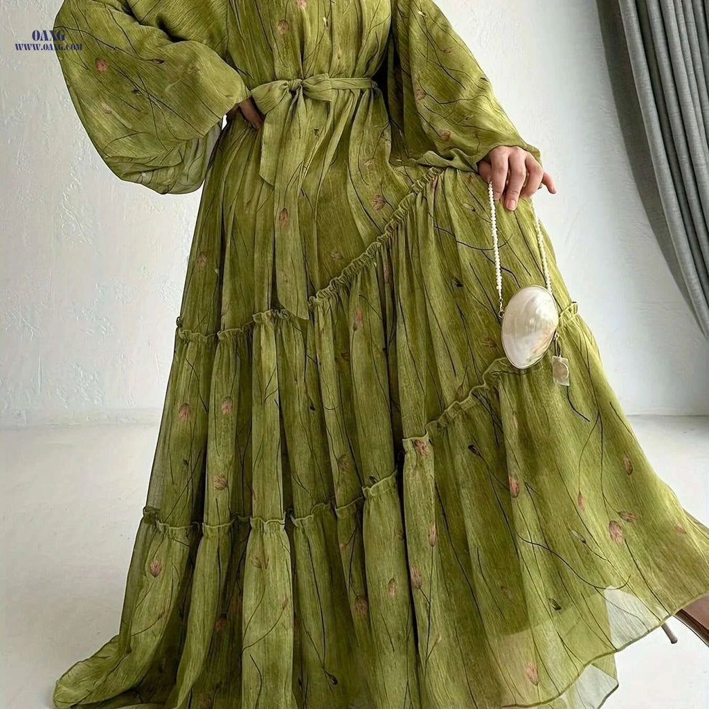 Vibrant Floral Plus Size Belted Dress - Elegant Long Sleeve Style   OAXG 