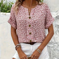 Vibrant Floral Print V-Neck Shirt - Elegant, Relaxed Fit, Polyester, Machine Washable - Perfect for Summer and Spring, Women's Clothing   OAXG Pink / S