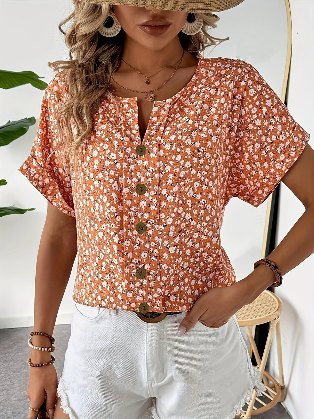 Vibrant Floral Print V-Neck Shirt - Elegant, Relaxed Fit, Polyester, Machine Washable - Perfect for Summer and Spring, Women's Clothing   OAXG Pink / S