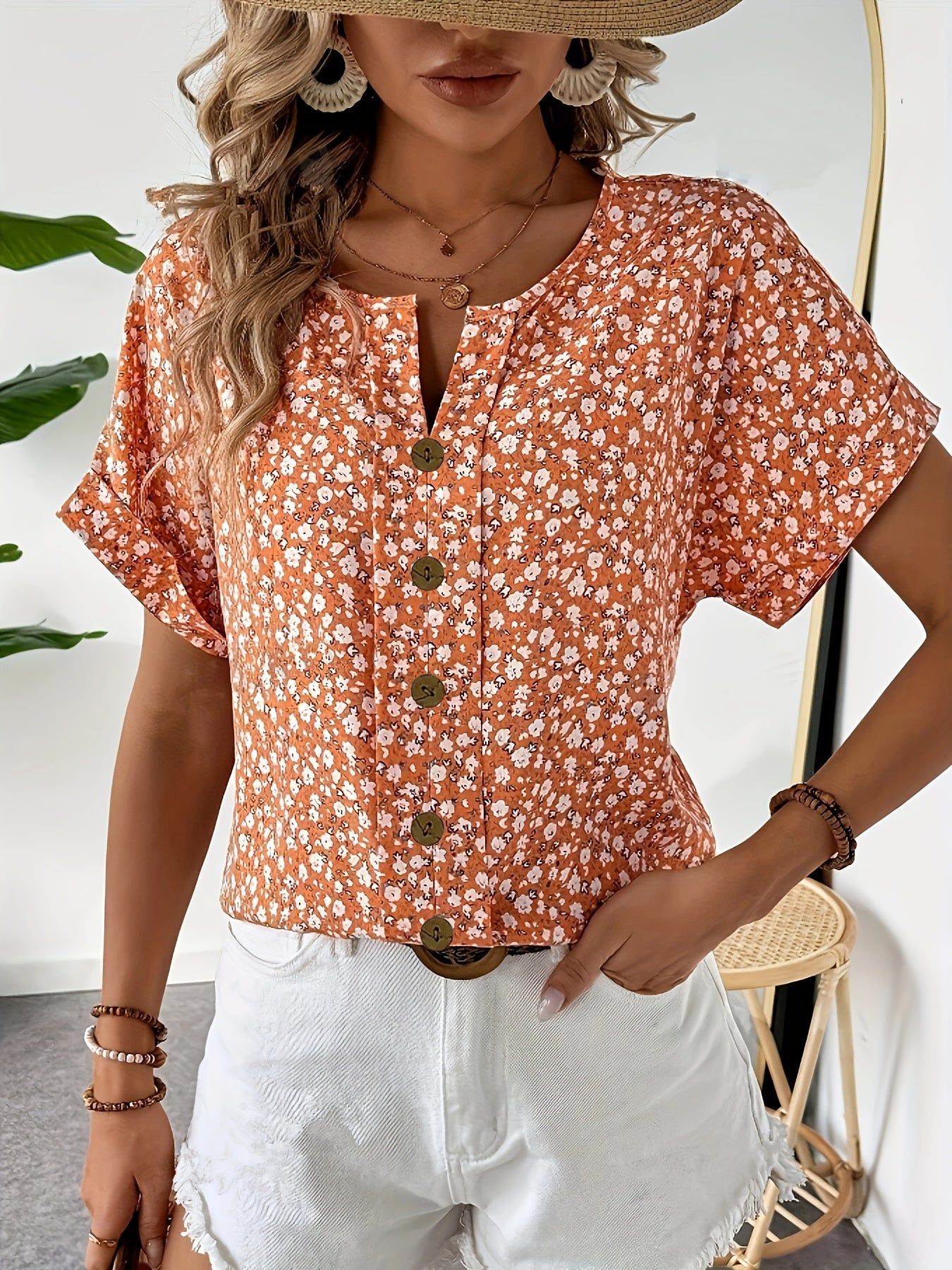 Vibrant Floral Print V-Neck Shirt - Elegant, Relaxed Fit, Polyester, Machine Washable - Perfect for Summer and Spring, Women's Clothing   OAXG Pink / S