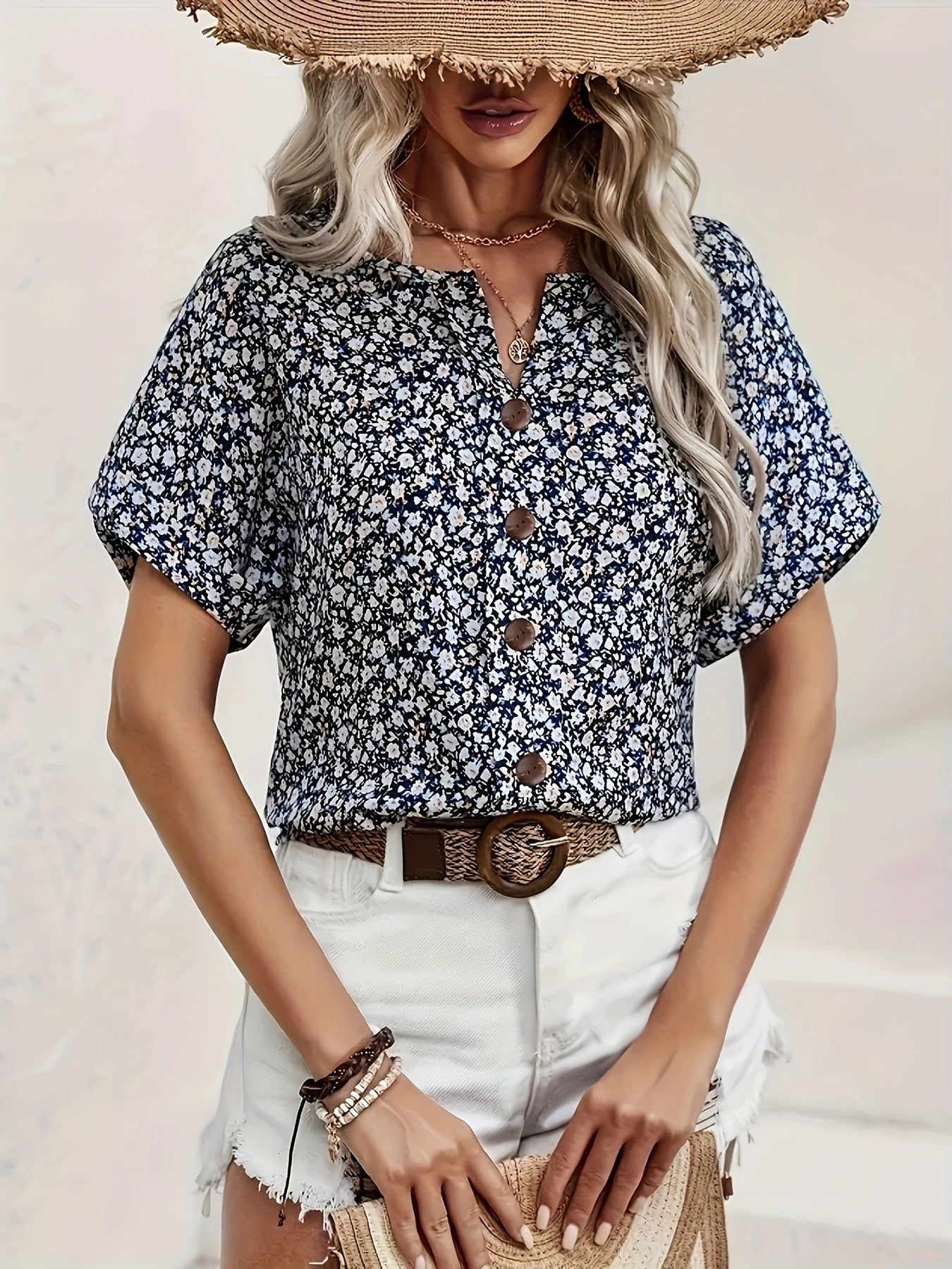 Vibrant Floral Print V-Neck Shirt - Elegant, Relaxed Fit, Polyester, Machine Washable - Perfect for Summer and Spring, Women's Clothing   OAXG Pink / S