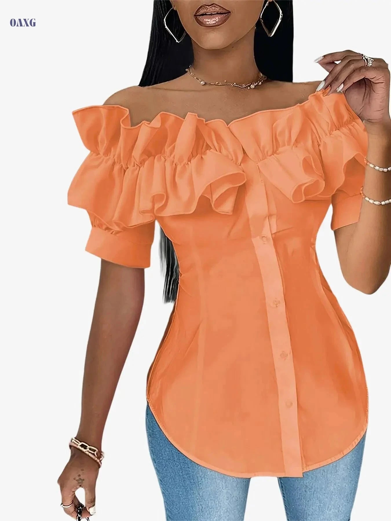 Vibrant Green Off-the-Shoulder Blouse - Stylish Ruffled Sleeves   OAXG White / S