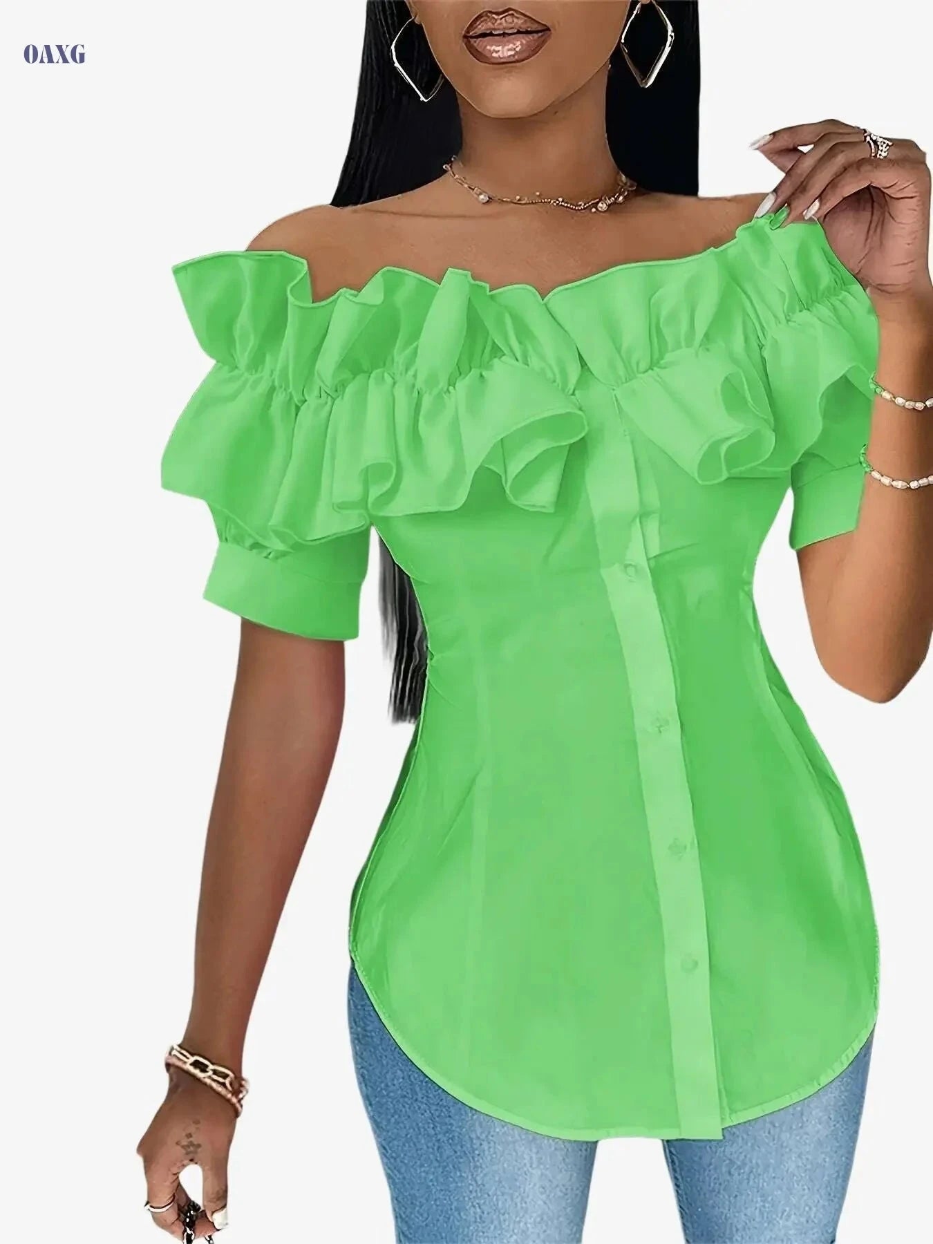 Vibrant Green Off-the-Shoulder Blouse - Stylish Ruffled Sleeves   OAXG White / S
