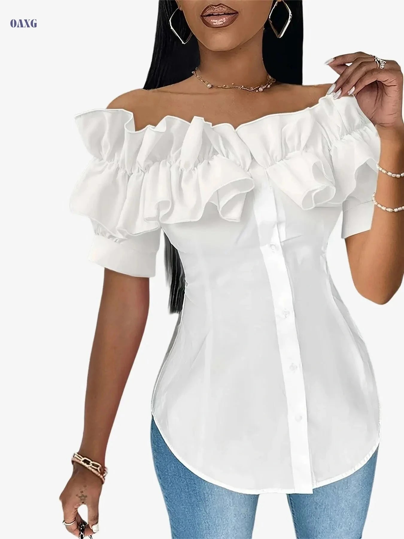 Vibrant Green Off-the-Shoulder Blouse - Stylish Ruffled Sleeves   OAXG White / S
