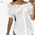 Vibrant Green Off-the-Shoulder Blouse - Stylish Ruffled Sleeves   OAXG White / S