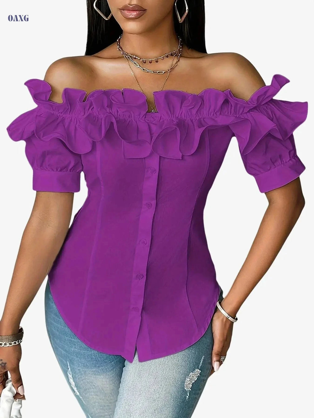 Vibrant Green Off-the-Shoulder Blouse - Stylish Ruffled Sleeves   OAXG White / S