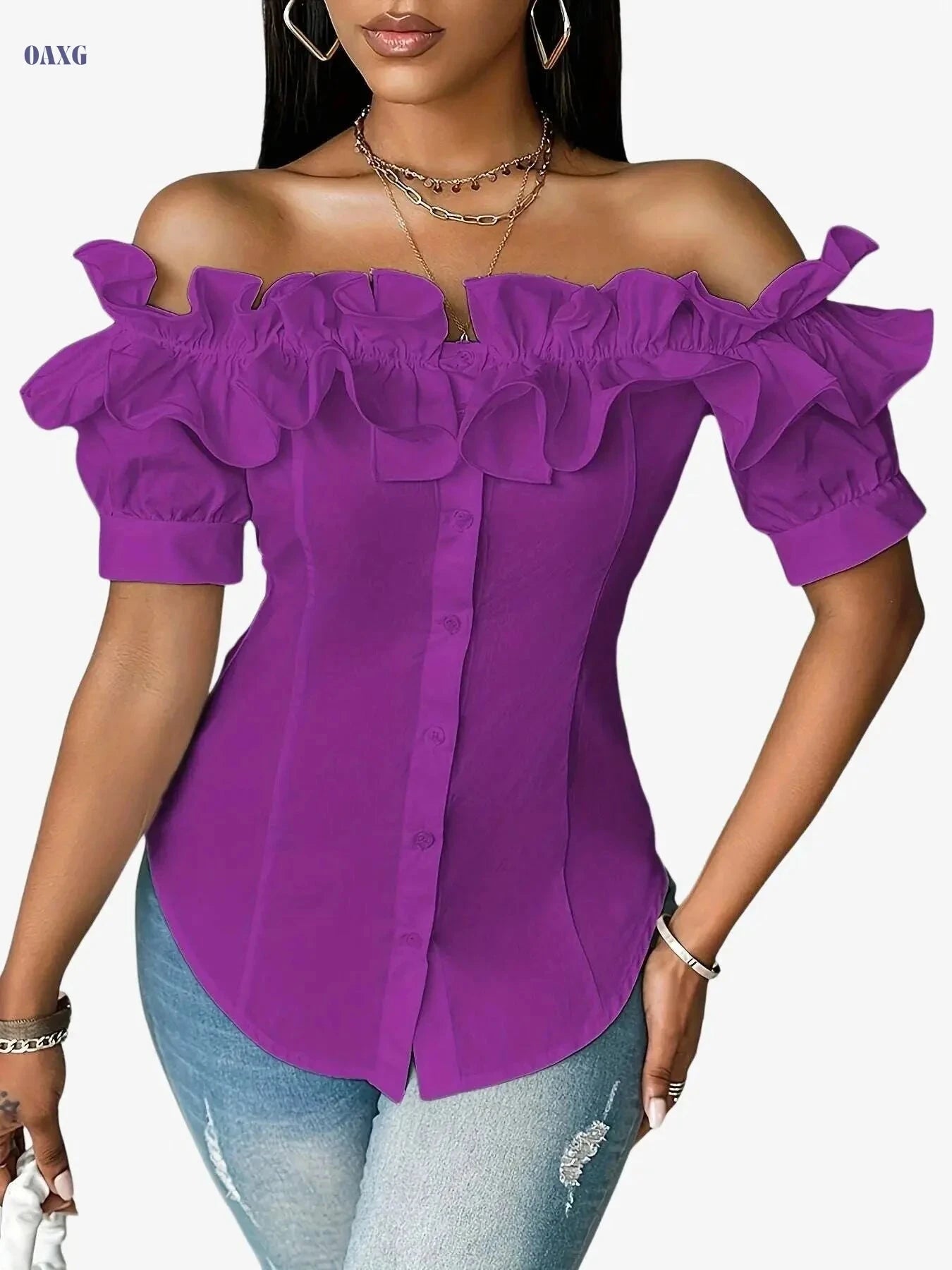Vibrant Green Off-the-Shoulder Blouse - Stylish Ruffled Sleeves   OAXG White / S