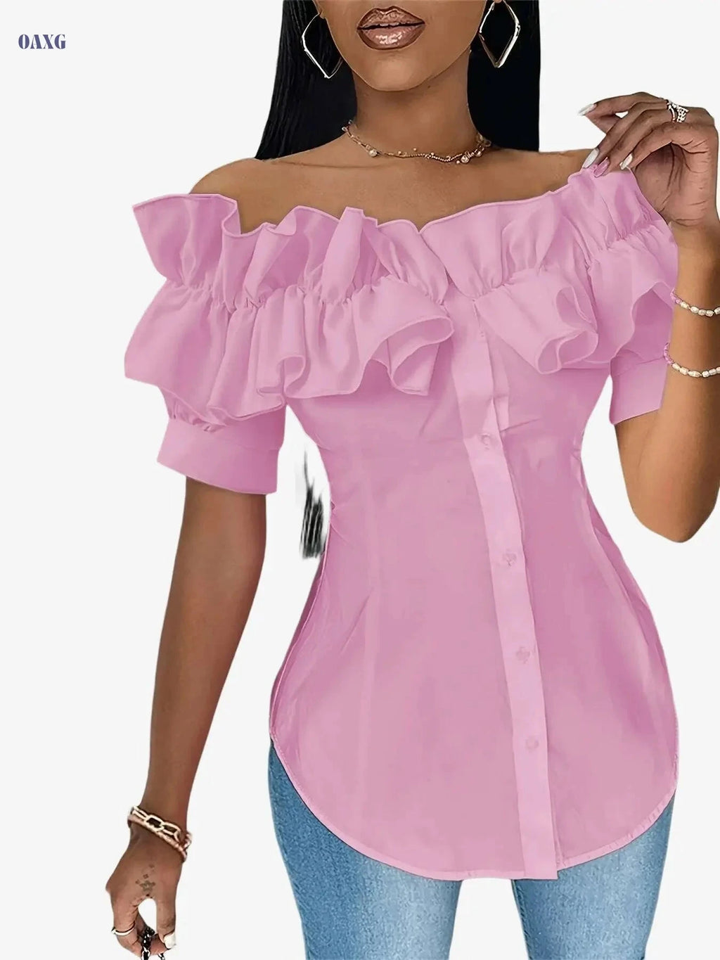 Vibrant Green Off-the-Shoulder Blouse - Stylish Ruffled Sleeves   OAXG White / S