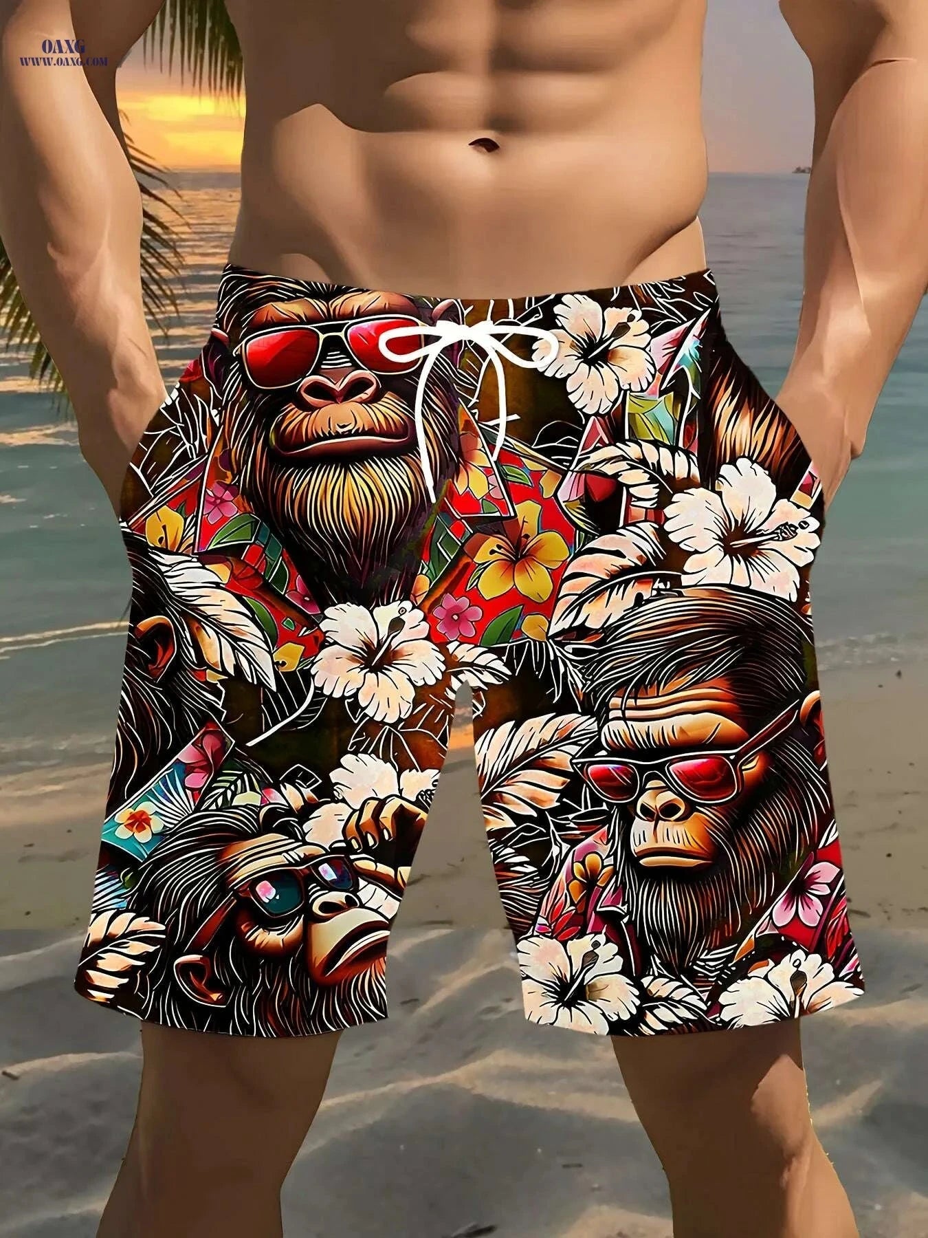 Vibrant Men's Beach Shorts - Quick-Dry, Tropical Gorilla Print   OAXG Red / S