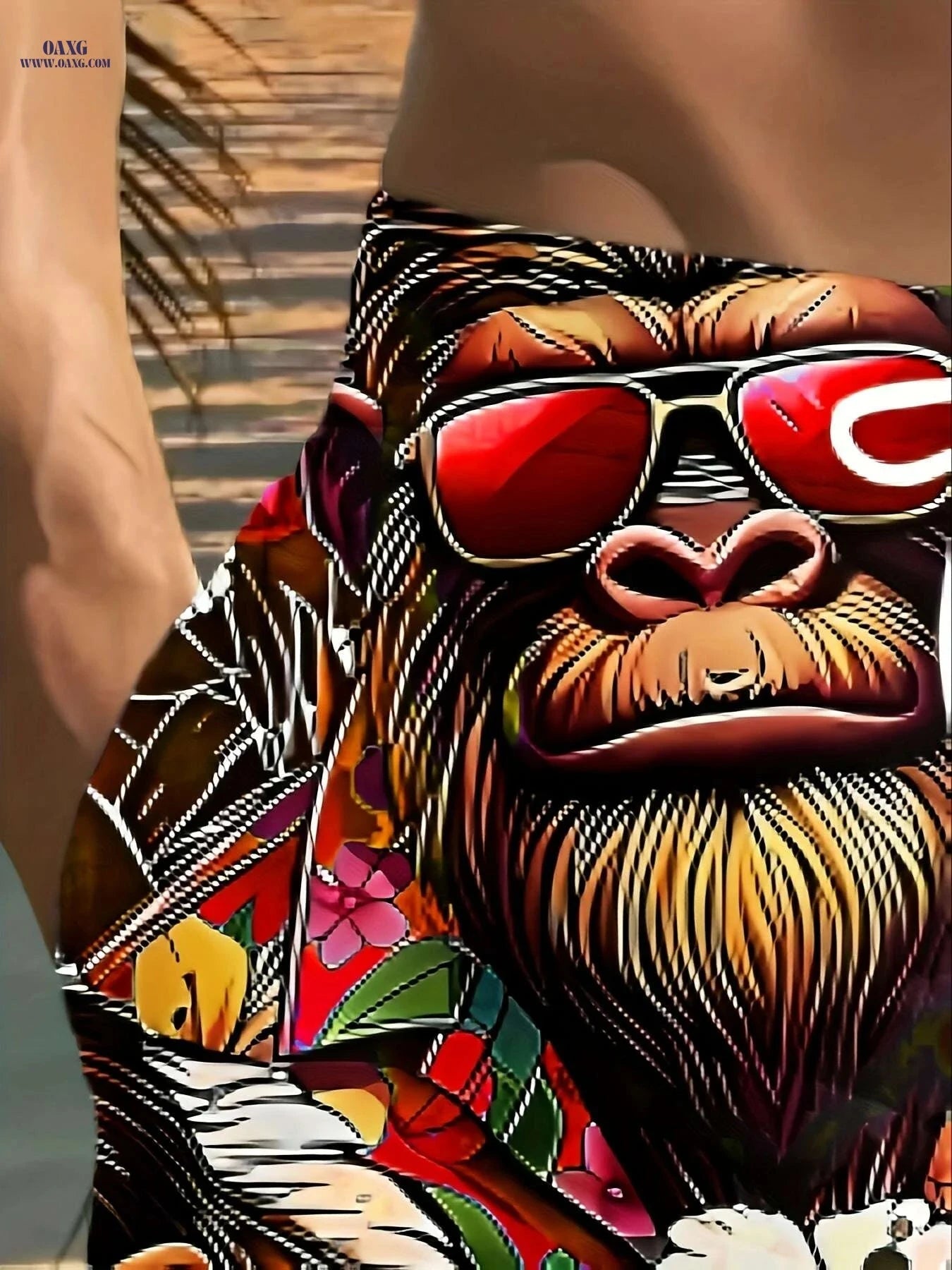 Vibrant Men's Beach Shorts - Quick-Dry, Tropical Gorilla Print   OAXG Red / S