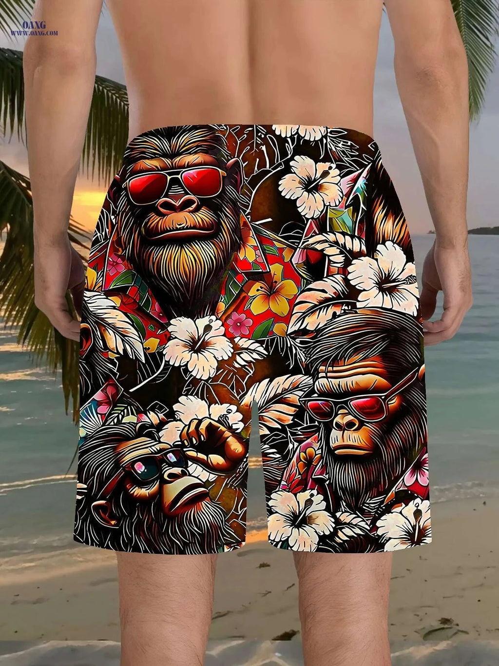 Vibrant Men's Beach Shorts - Quick-Dry, Tropical Gorilla Print   OAXG Red / S