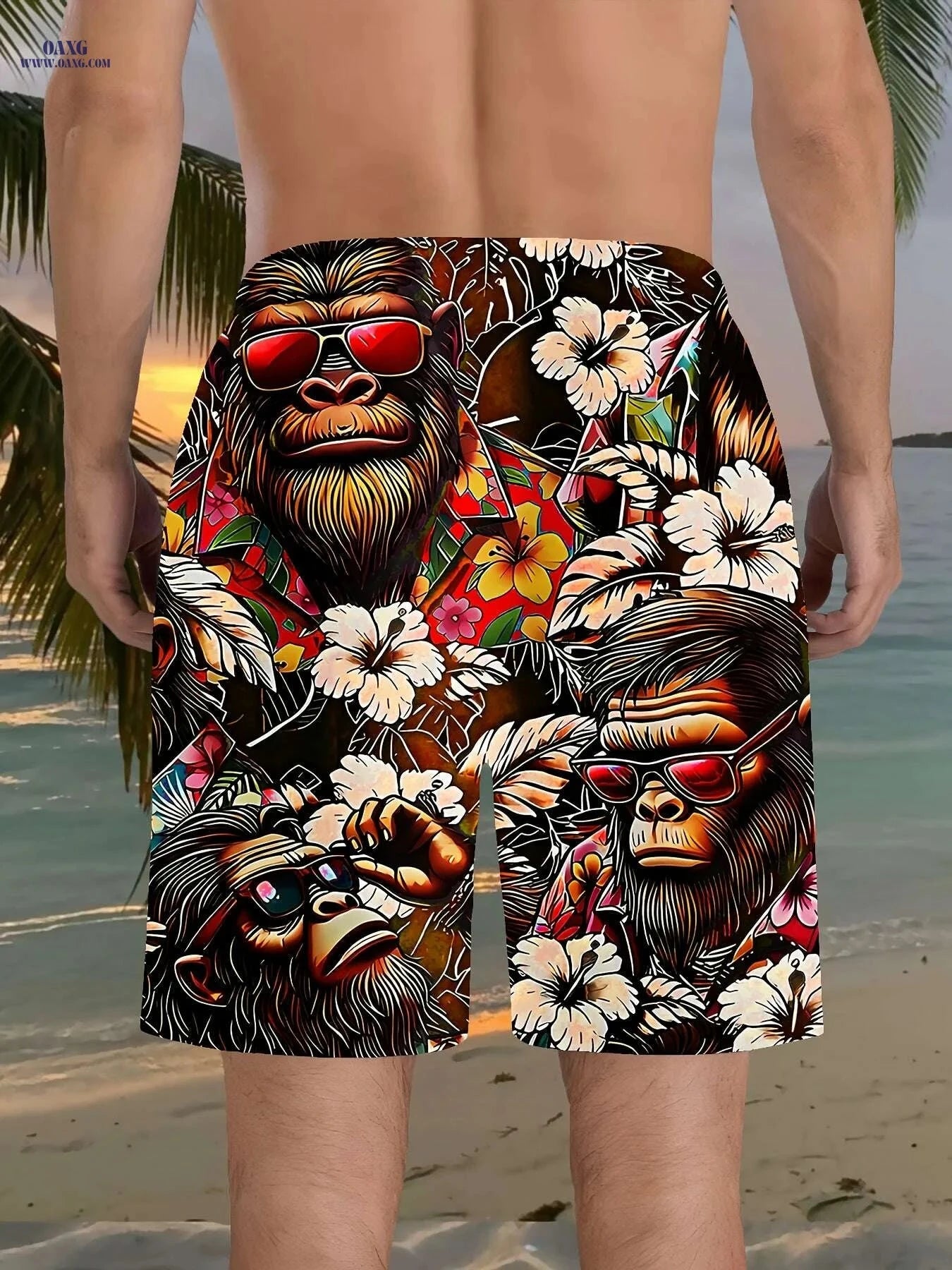 Vibrant Men's Beach Shorts - Quick-Dry, Tropical Gorilla Print   OAXG Red / S