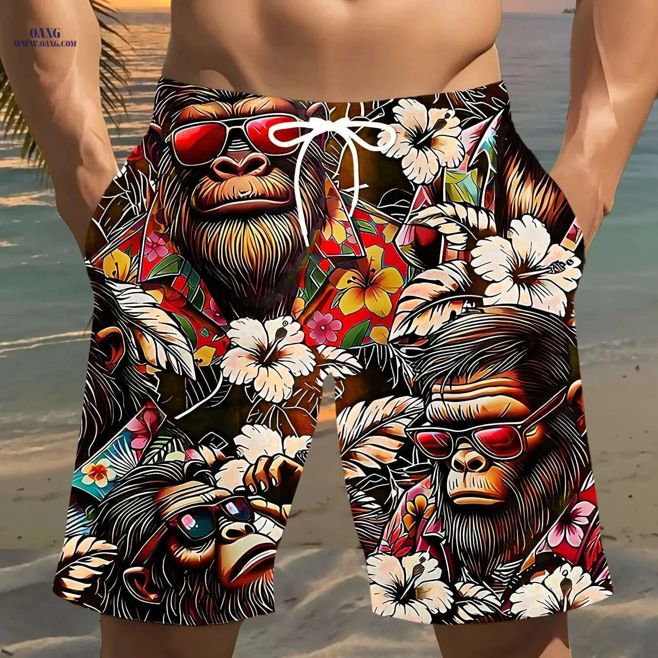 Vibrant Men's Beach Shorts - Quick-Dry, Tropical Gorilla Print   OAXG Red / S