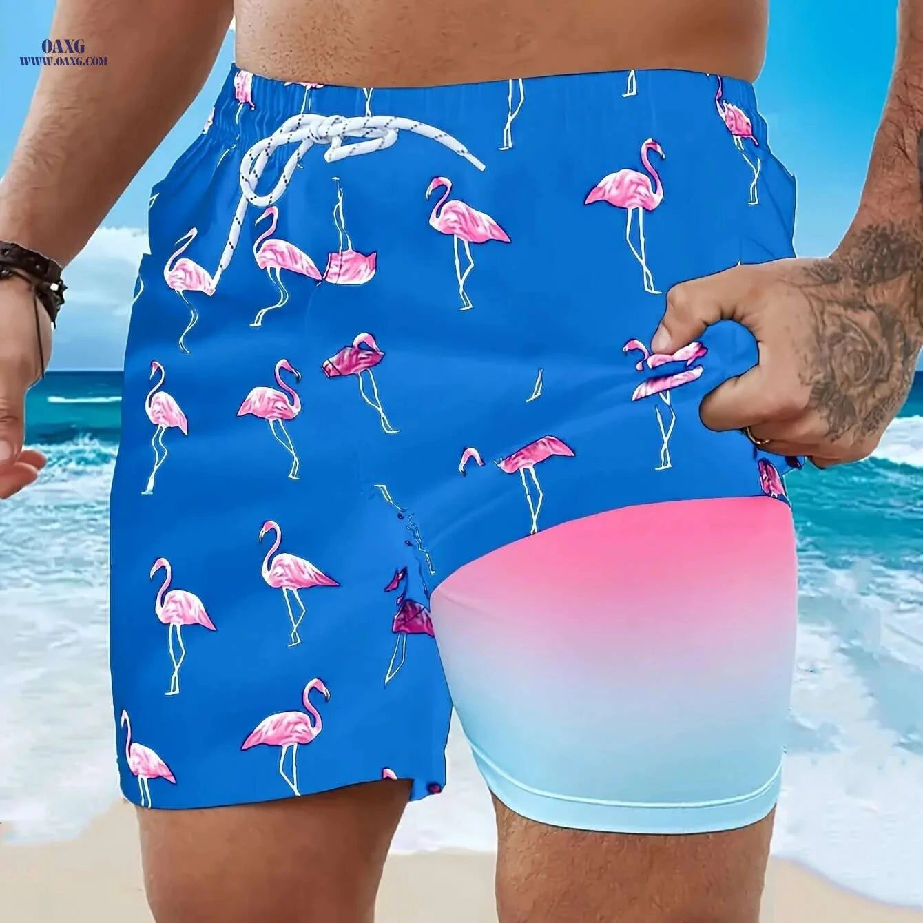 Vibrant Men's Quick-Dry Beach Shorts - Flamingo Print, Casual Summer Style   OAXG 