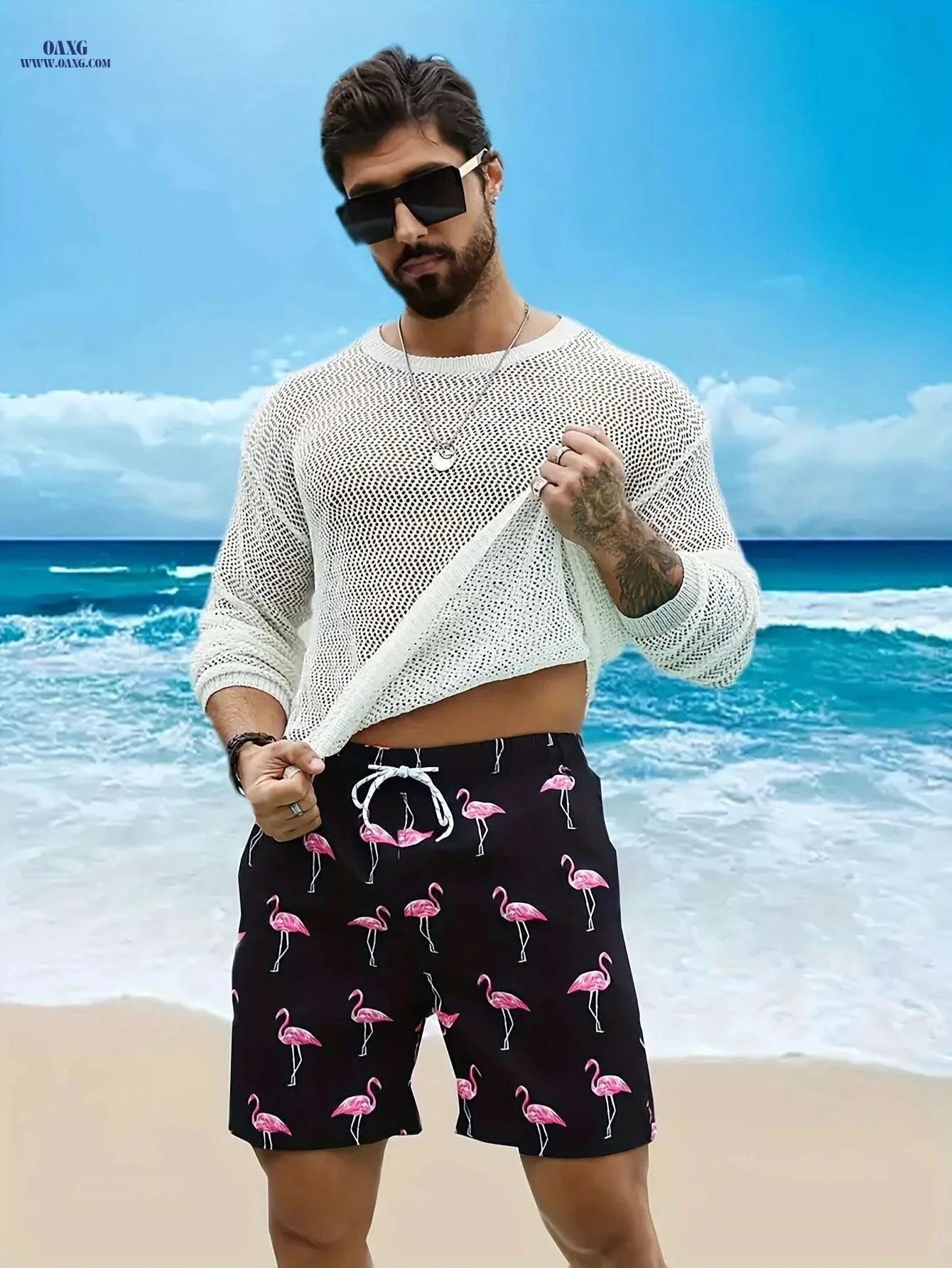Vibrant Men's Quick-Dry Beach Shorts - Flamingo Print, Casual Summer Style   OAXG 