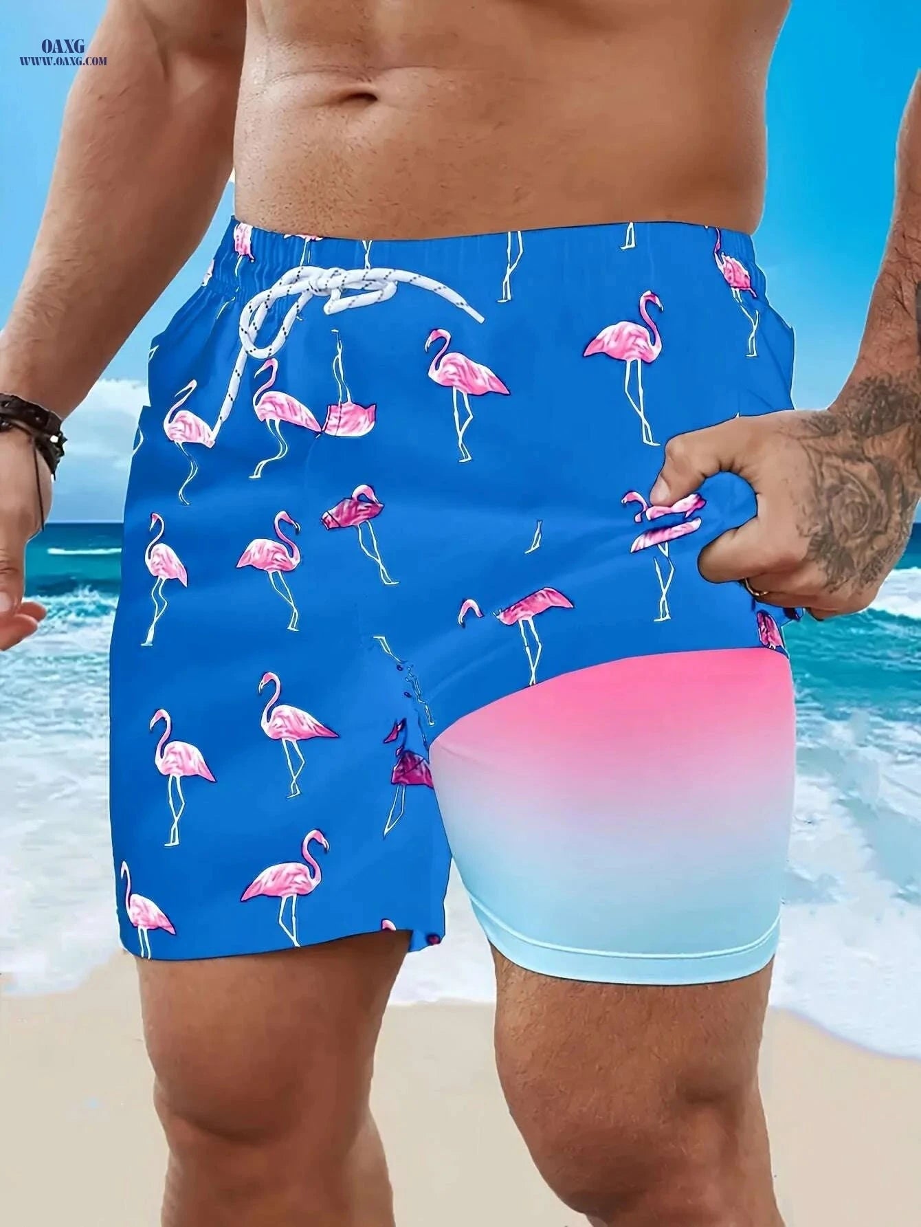 Vibrant Men's Quick-Dry Beach Shorts - Flamingo Print, Casual Summer Style   OAXG Light Blue / M