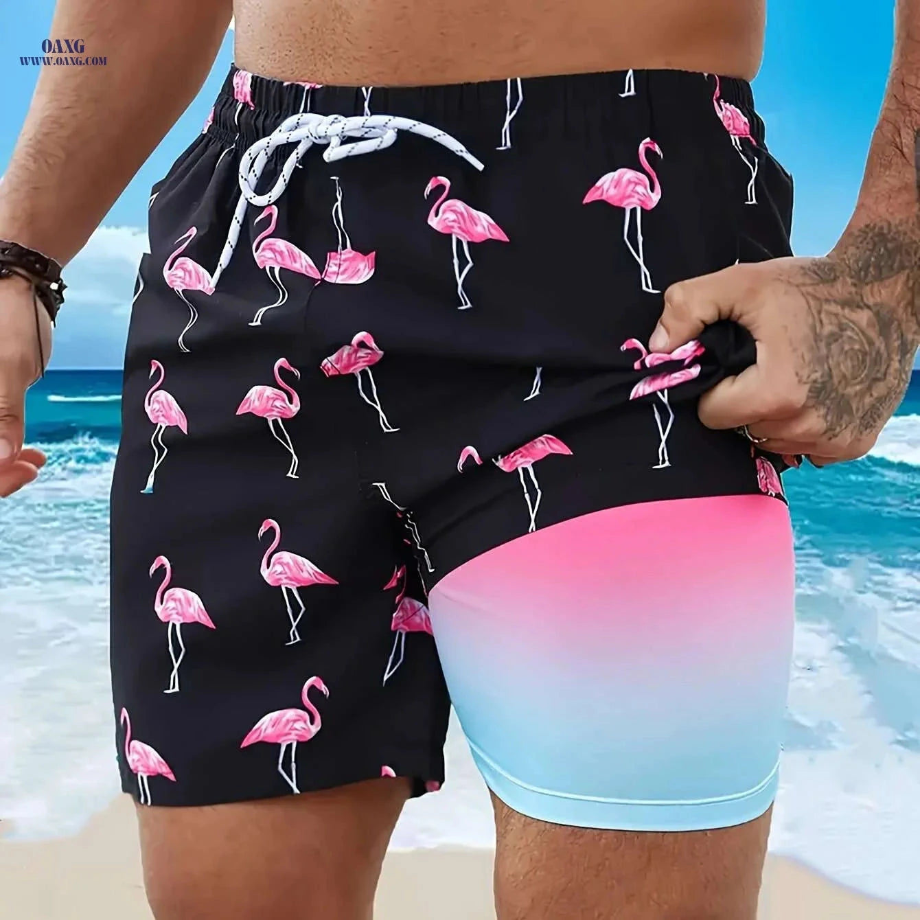 Vibrant Men's Quick-Dry Beach Shorts - Flamingo Print, Casual Summer Style   OAXG Light Blue / M