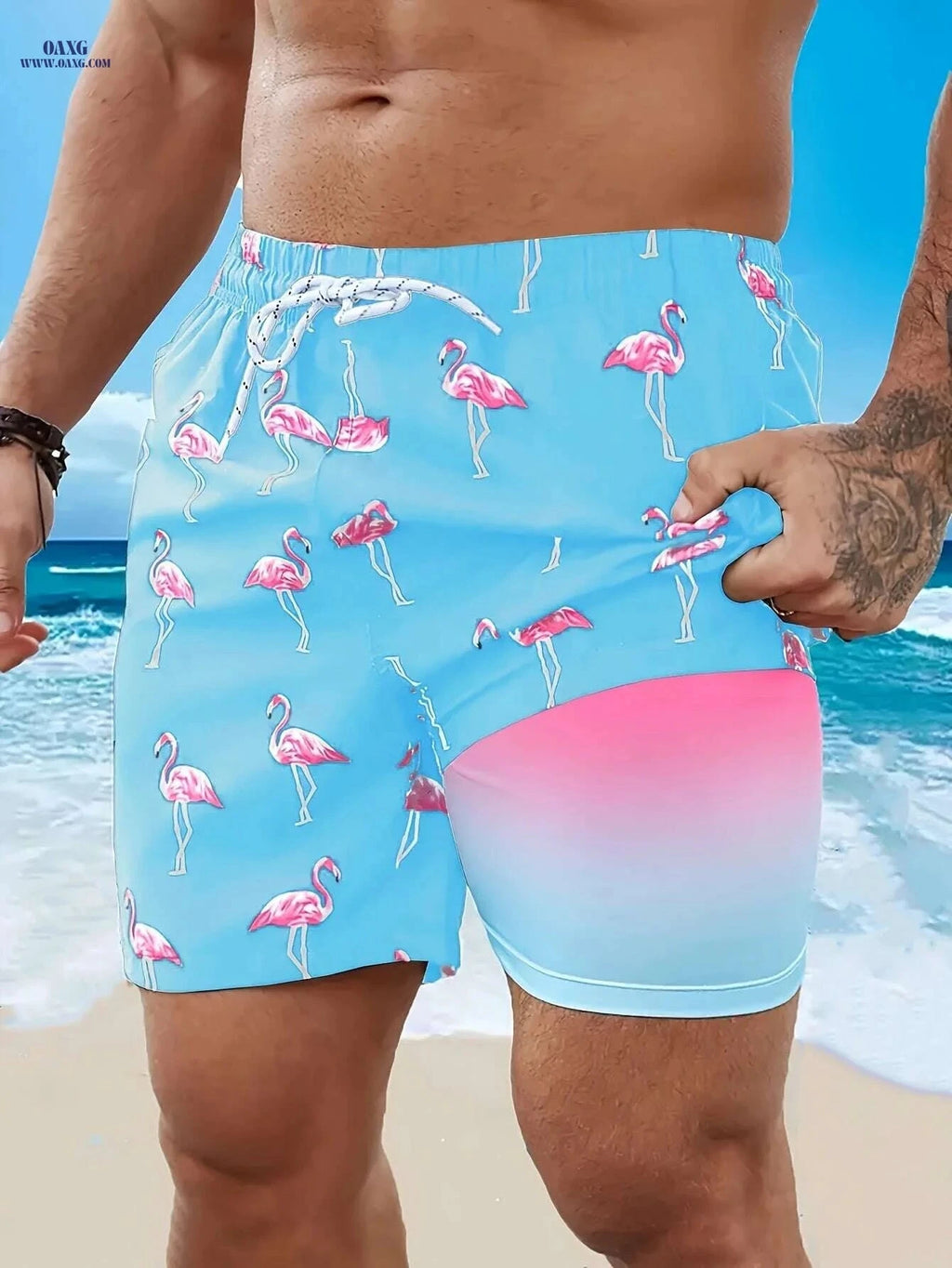 Vibrant Men's Quick-Dry Beach Shorts - Flamingo Print, Casual Summer Style   OAXG Light Blue / M