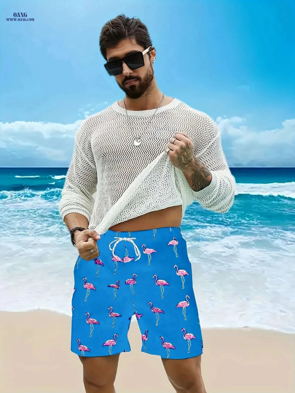 Vibrant Men's Quick-Dry Beach Shorts - Flamingo Print, Casual Summer Style   OAXG Light Blue / M