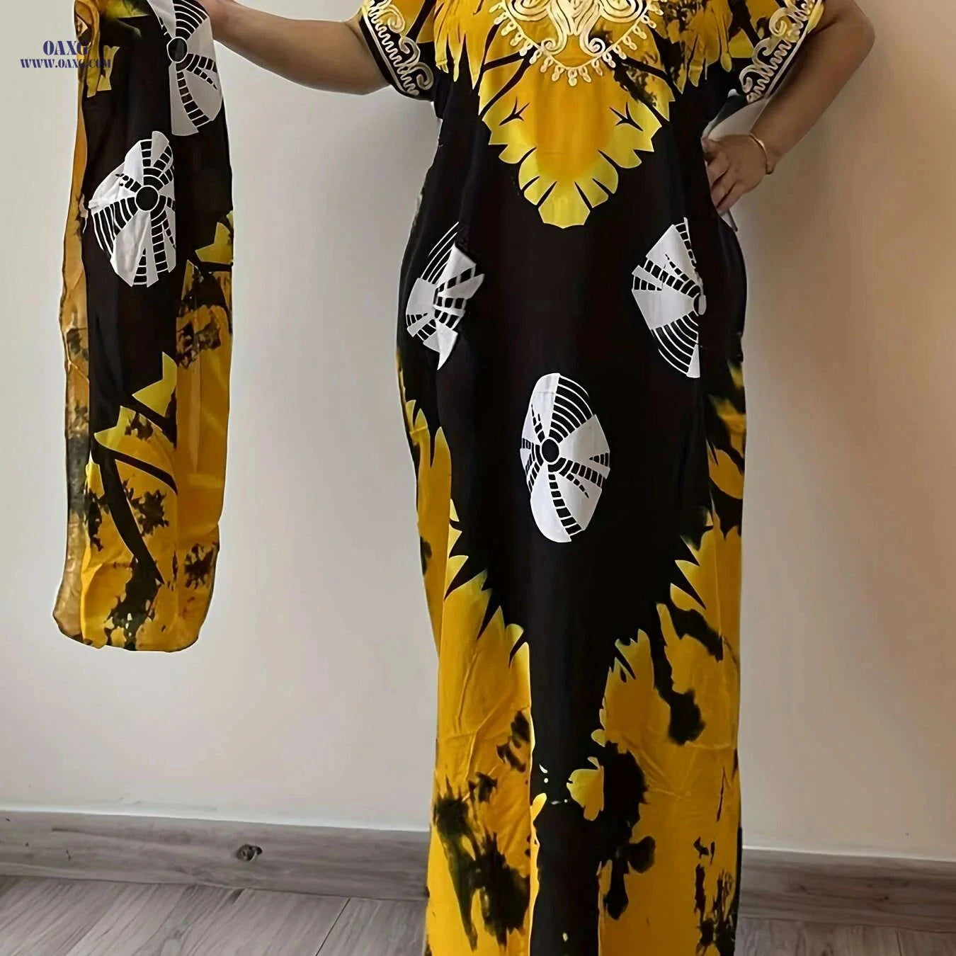 Vibrant Red & Black Print Kaftan Dress - Long Sleeve Rayon Maxi   OAXG 
