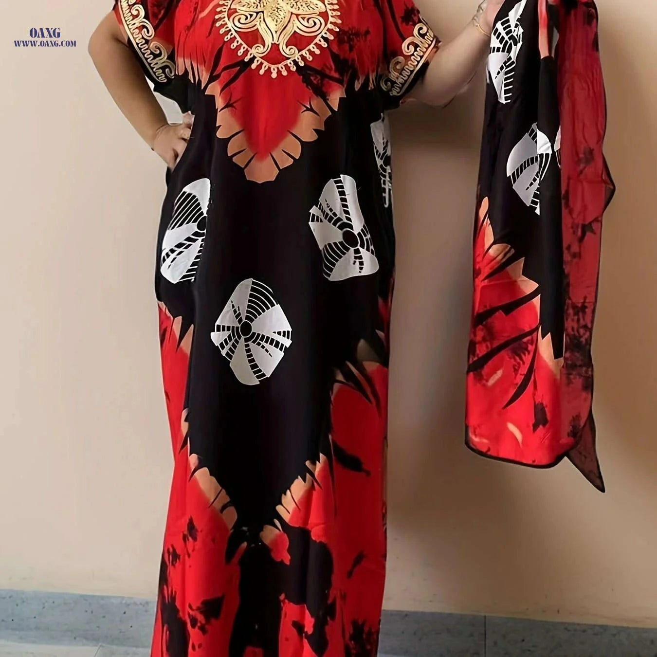 Vibrant Red & Black Print Kaftan Dress - Long Sleeve Rayon Maxi   OAXG 