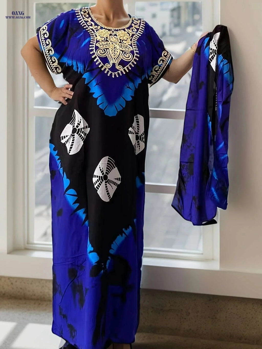 Vibrant Red & Black Print Kaftan Dress - Long Sleeve Rayon Maxi   OAXG 