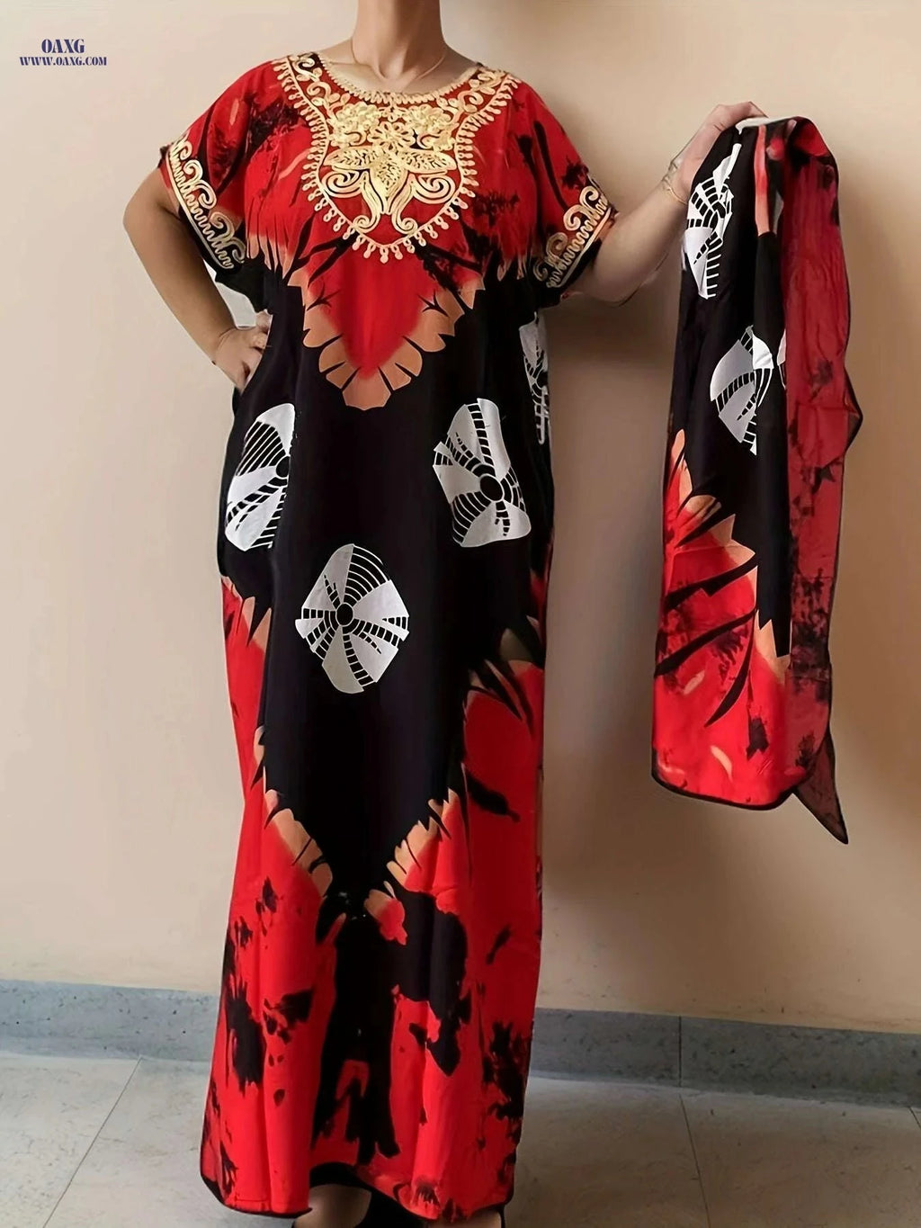 Vibrant Red & Black Print Kaftan Dress - Long Sleeve Rayon Maxi   OAXG ginger-colored / One-size