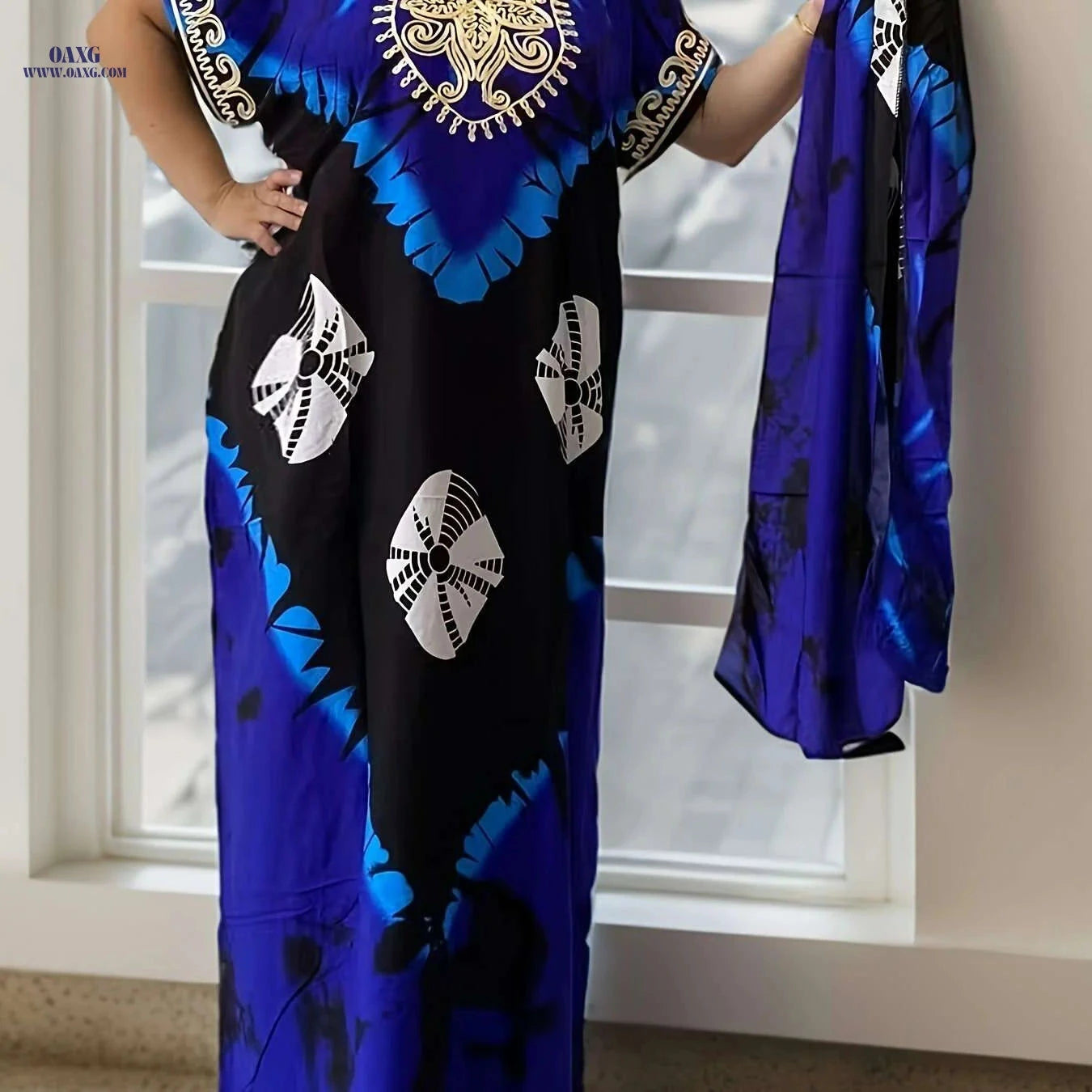 Vibrant Red & Black Print Kaftan Dress - Long Sleeve Rayon Maxi   OAXG ginger-colored / One-size
